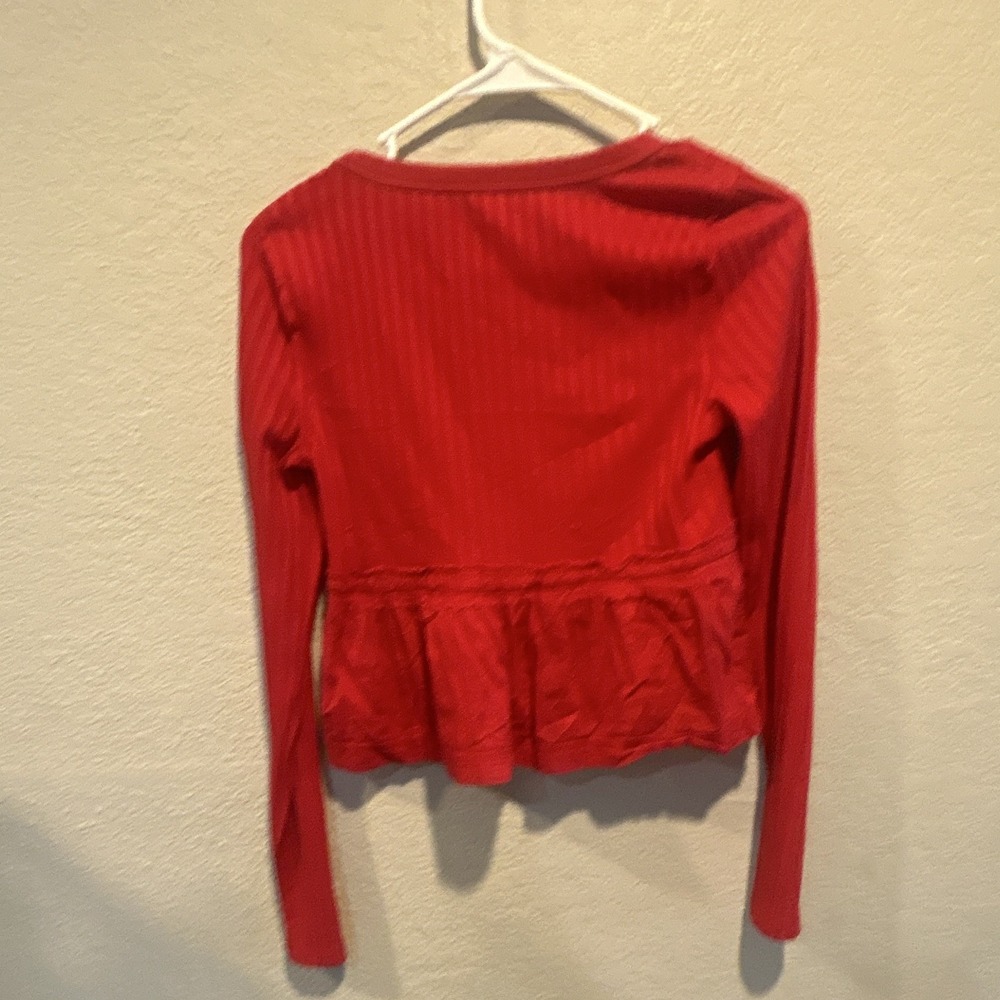 Pilcro Red Ribbed Knit Button Front Ruffle Scoop Neck Long Sleeve Top XS - Picture 3 of 3